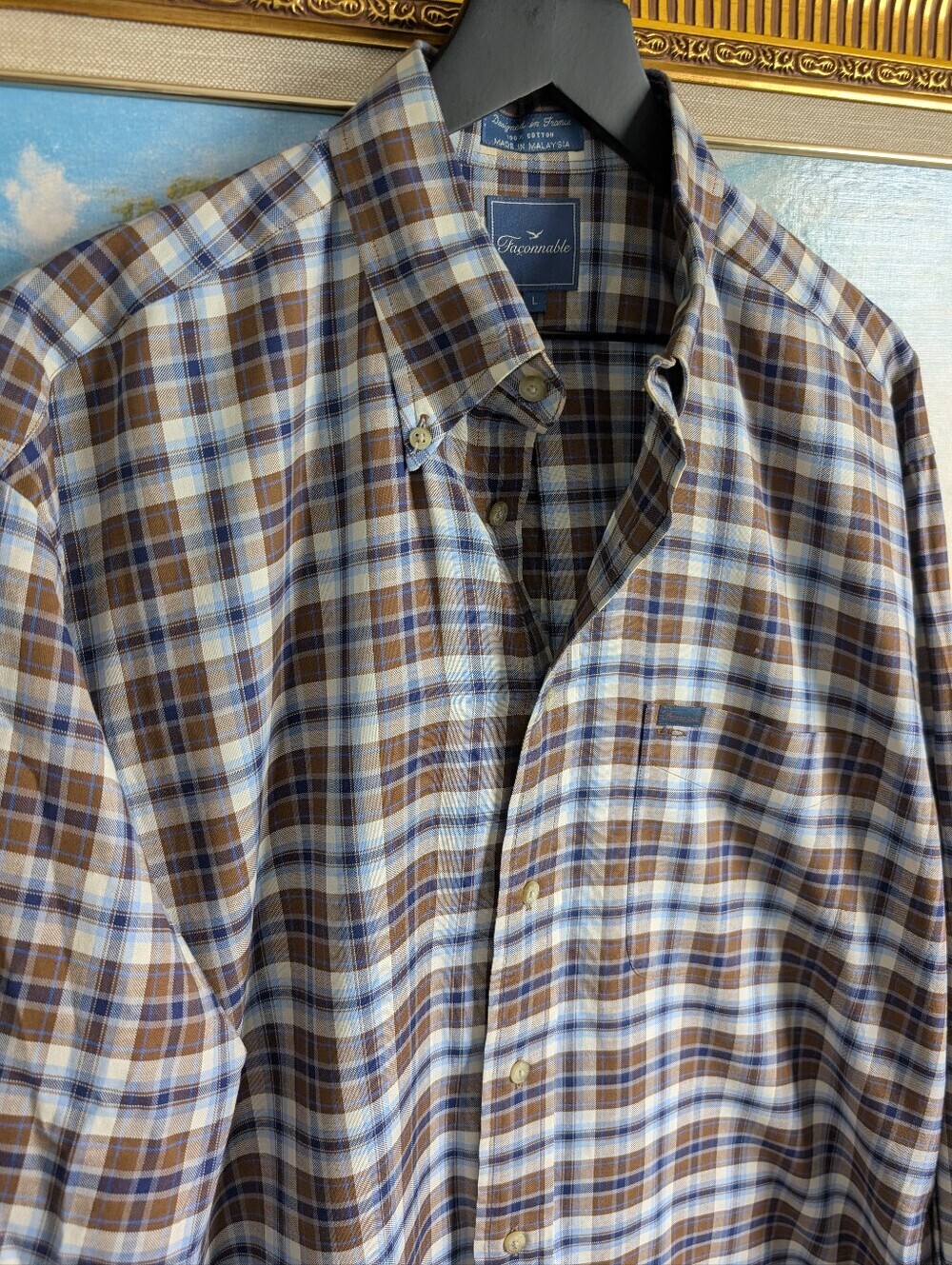 Faconnable Brown and Blue Plaid Button-Down Shirt